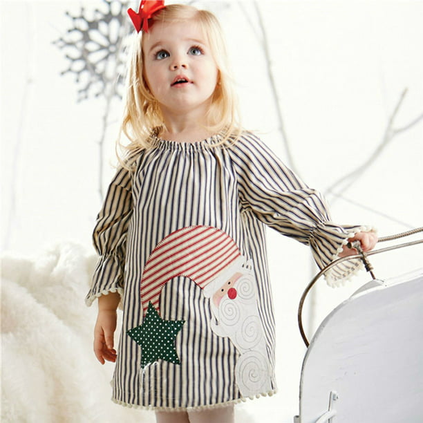 Toddler Kids Baby Girls Santa Striped Princess Dress Christmas Outfits Clothes